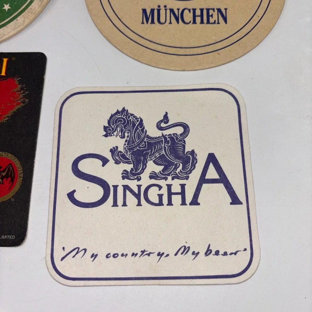 Vintage‎ Beer Coaster Lot 7pc Heineken Paulaner HB Singha Tiger Bacardi Barware